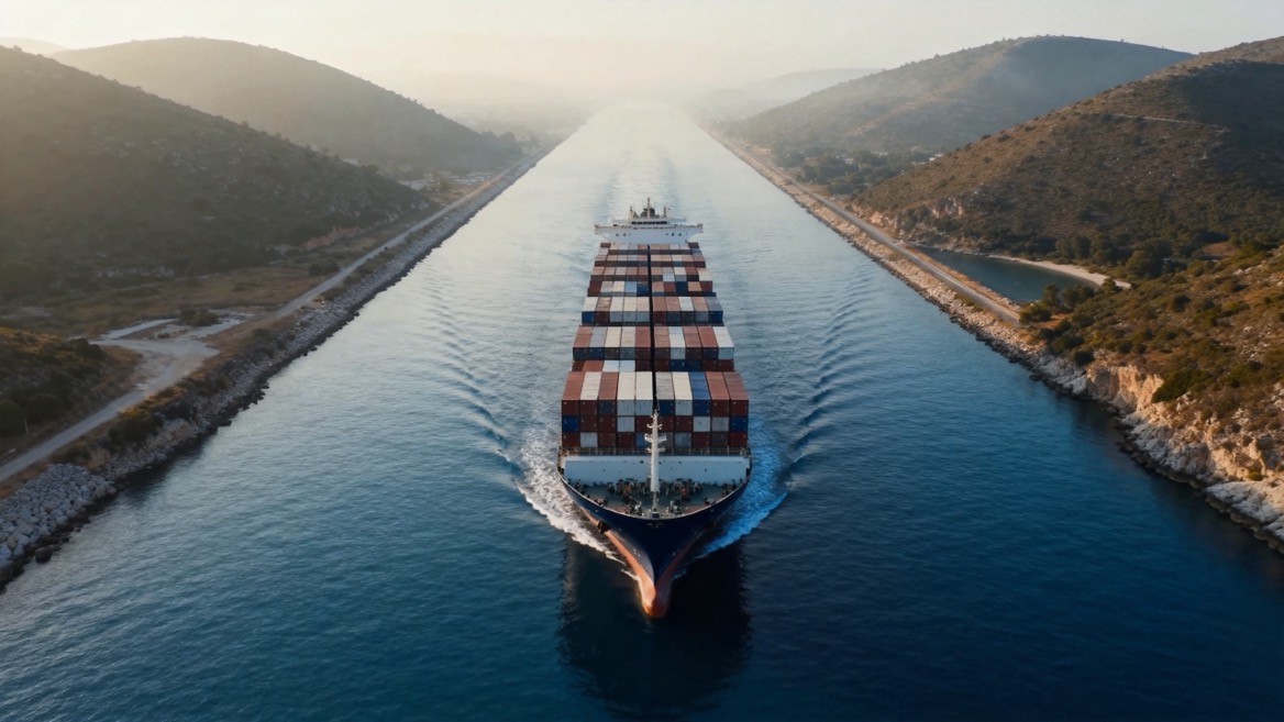 Container Ship Navigating A Maritime Chokepoint